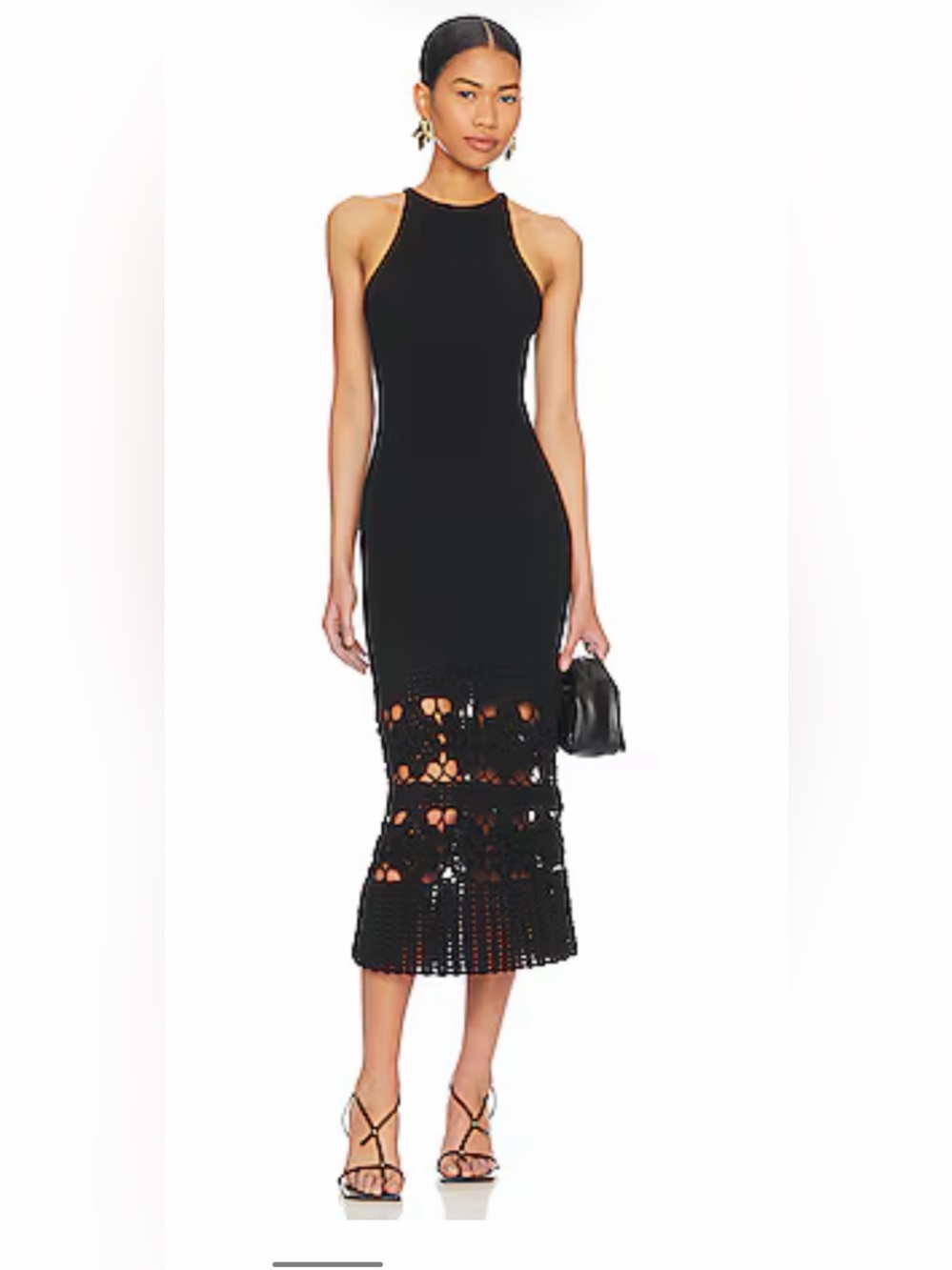 Tularosa Black Halter Crochet-Trim Midi Dress